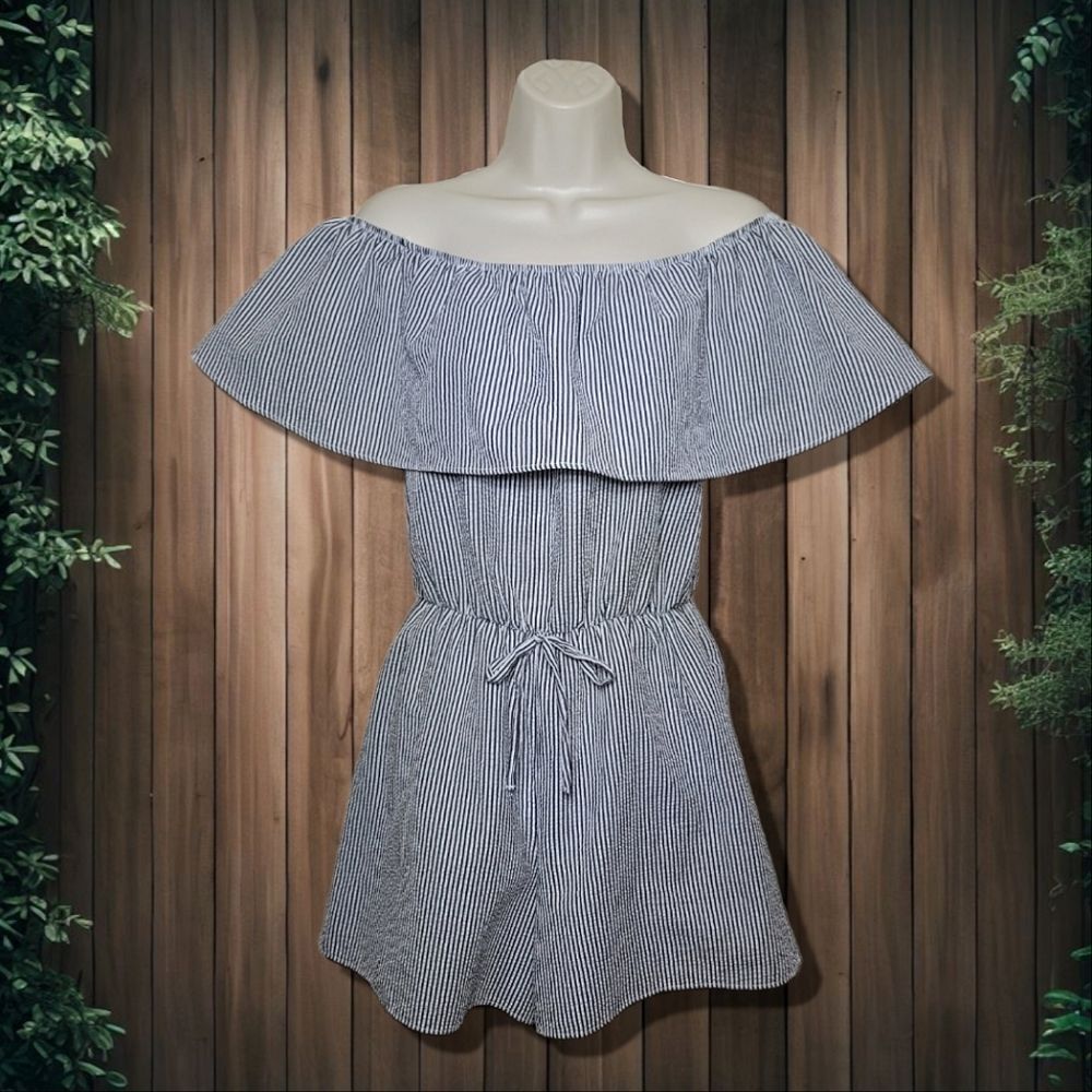 Charming Charlie Off-Shoulder Ruffle Striped Romper